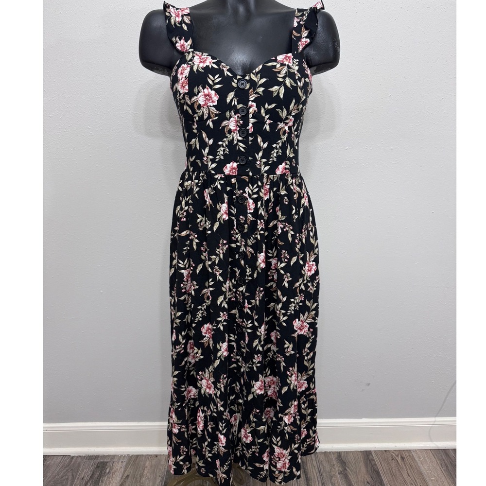 B.O.G Collective Floral Midi Dress Black Smocked Back Button Down Small Babydoll